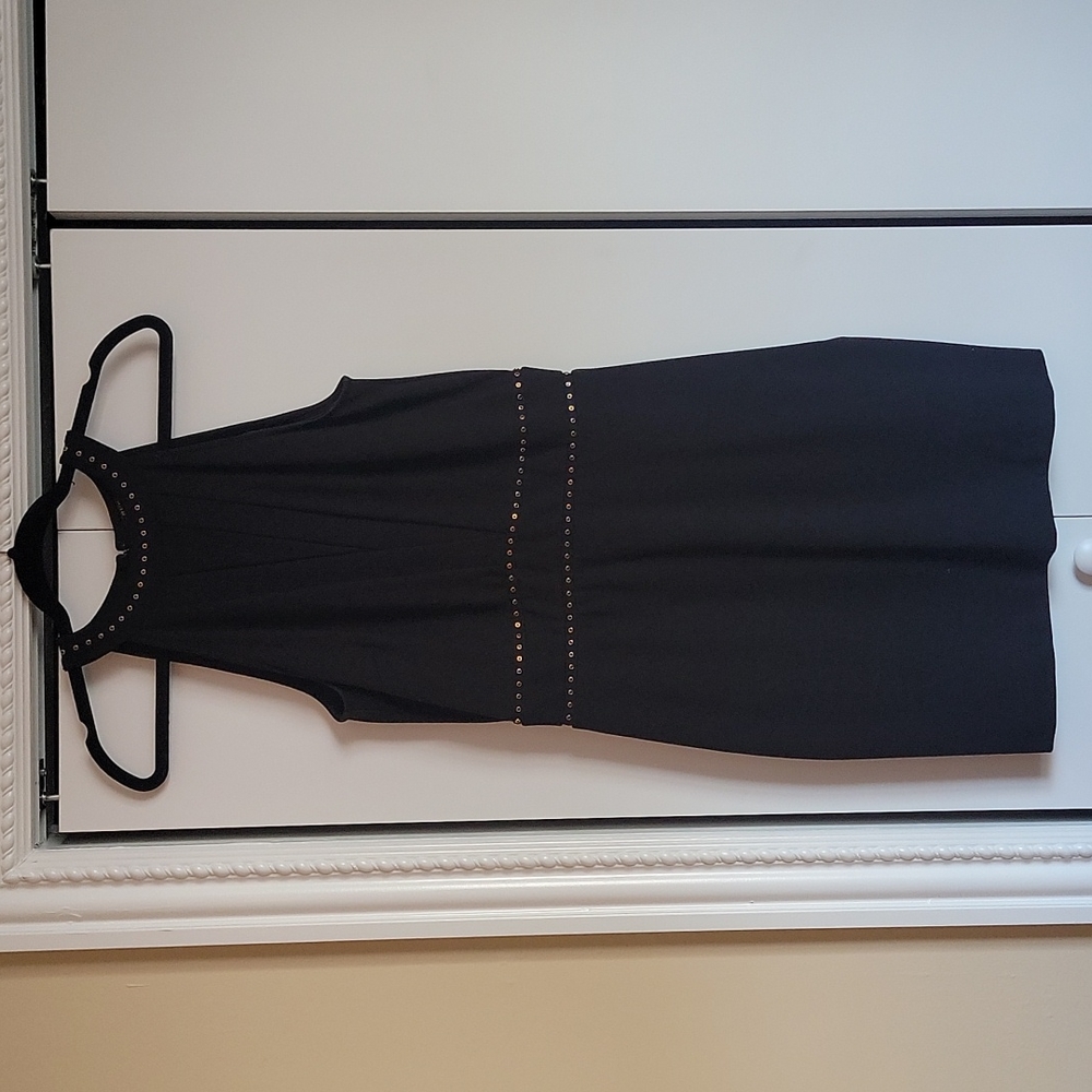 Guess knit black dress,  small black rhinestone trim, size large (fits 8/10)